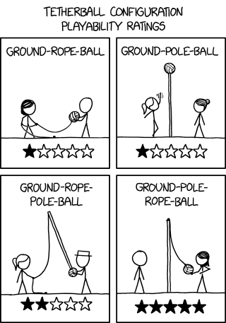 Ground-pole-ball-pole can be fun if you shake the first pole to get the second one whipping around dangerously, but the ball at the joint gets torn apart pretty fast.